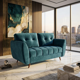 Teal Blue Velvet Tufted 2 Seater Sofa in luxury interior