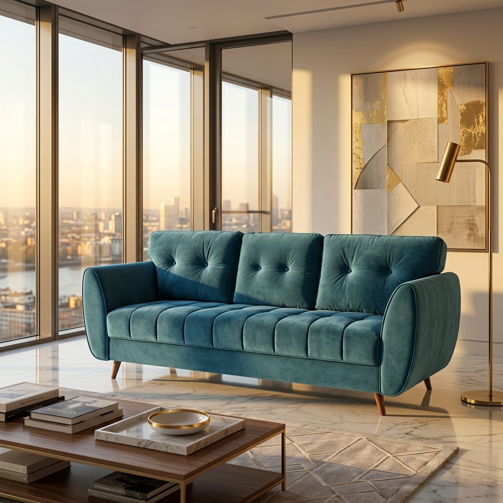 Teal Blue Velvet Tufted 3 Seater Sofa in luxury interior