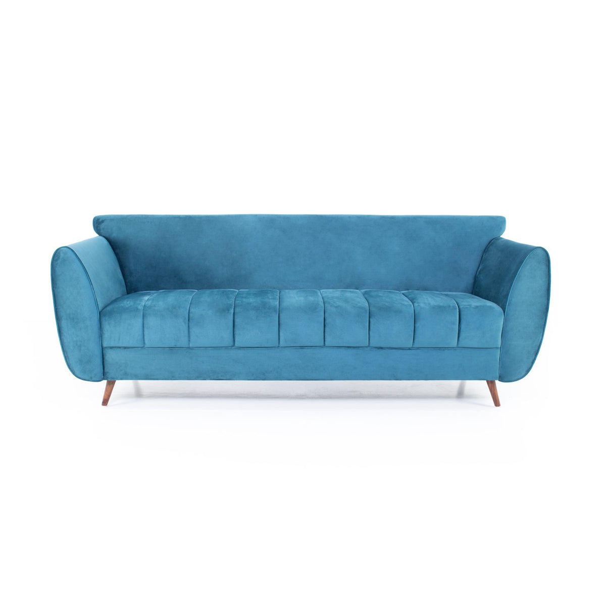 Teal blue three seater angled view