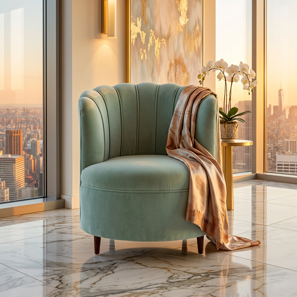 Mint Green Velvet Barrel Accent Chair in luxury interior