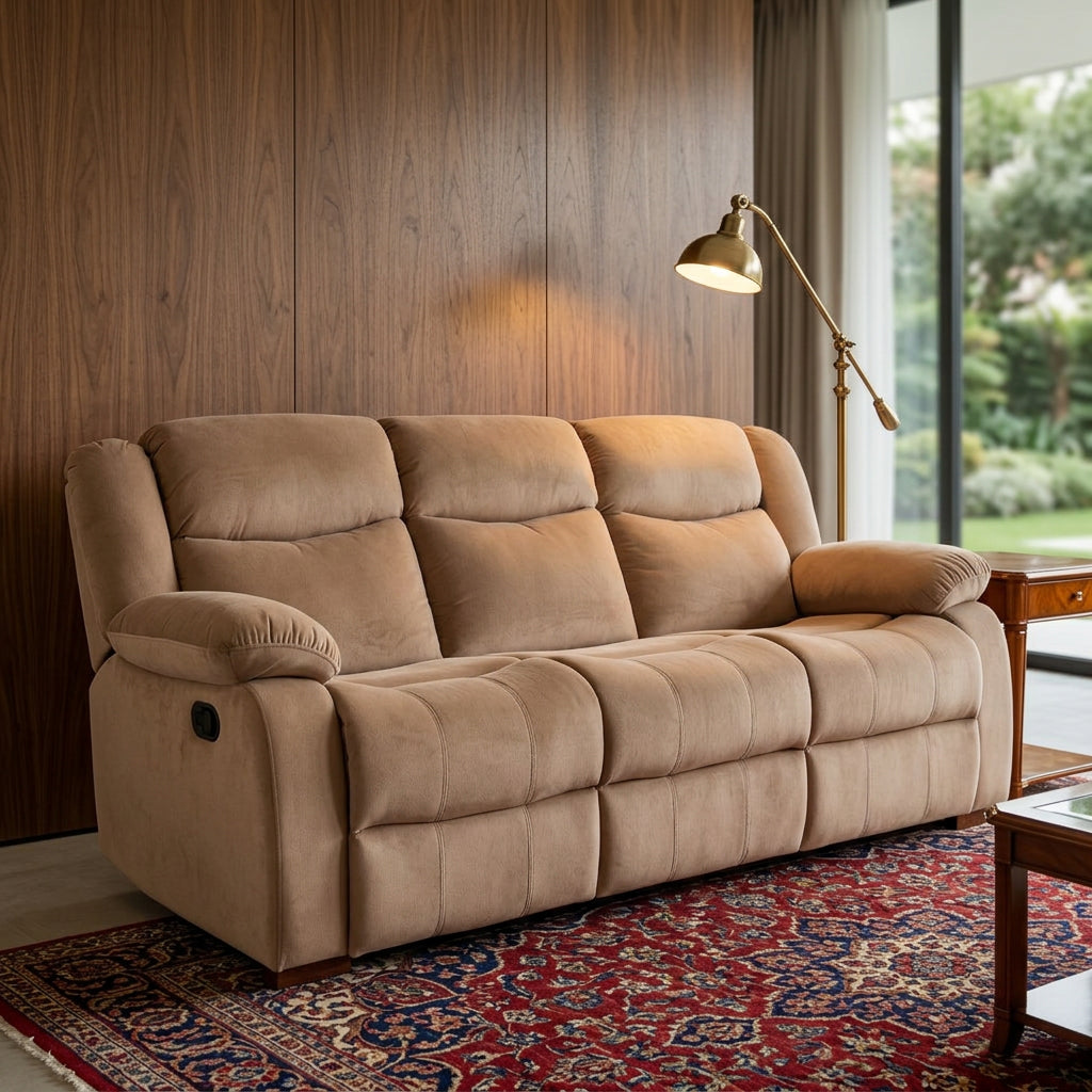 Tan beige sofa styled view