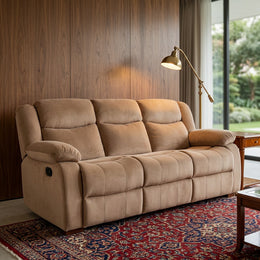 Tan beige sofa styled view