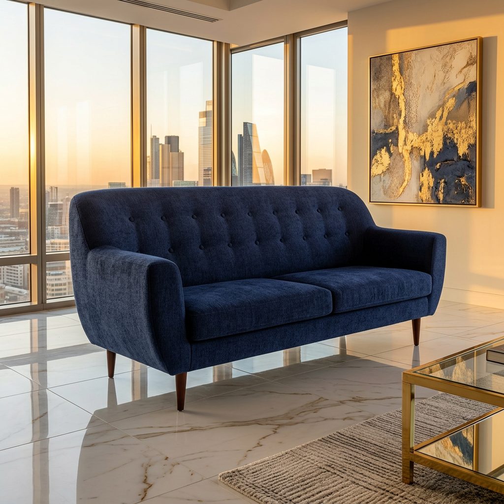 Navy Blue Tufted 3 Seater Sofa in luxury interior