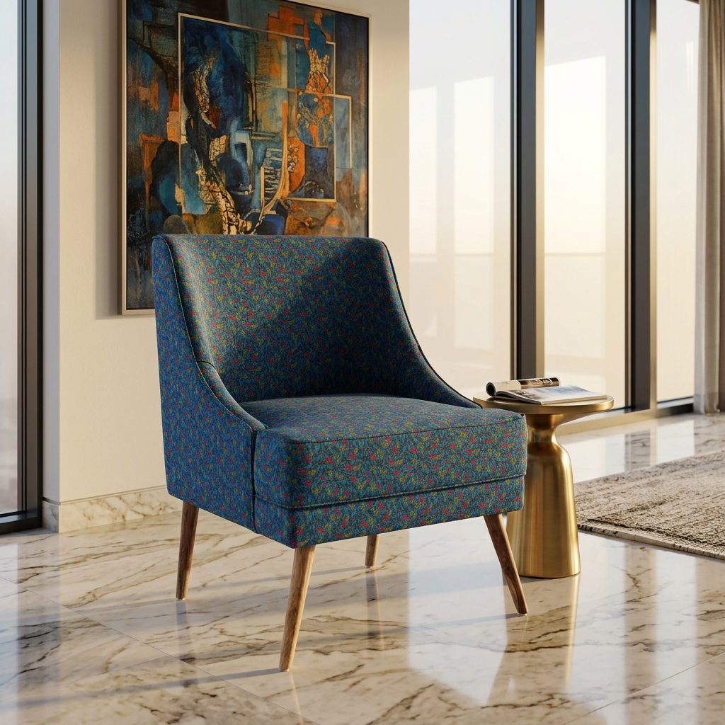 Blue Printed Fabric Accent Chair in luxury interior