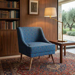 Blue printed accent chair styled view