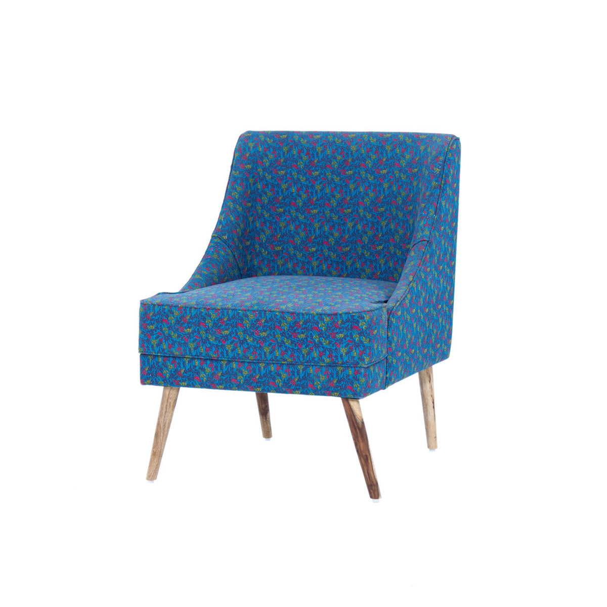 Blue printed accent chair angled view