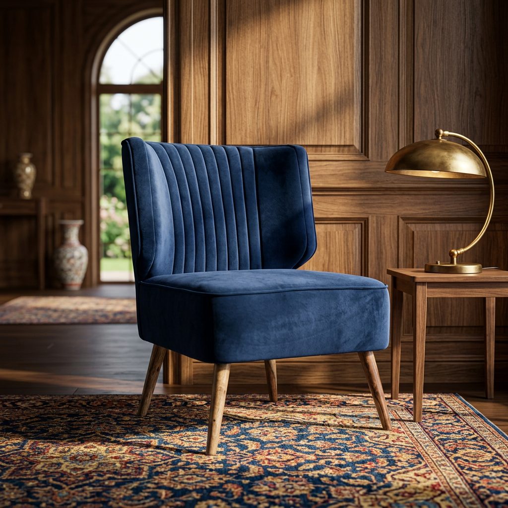 Navy blue armless accent chair styled view