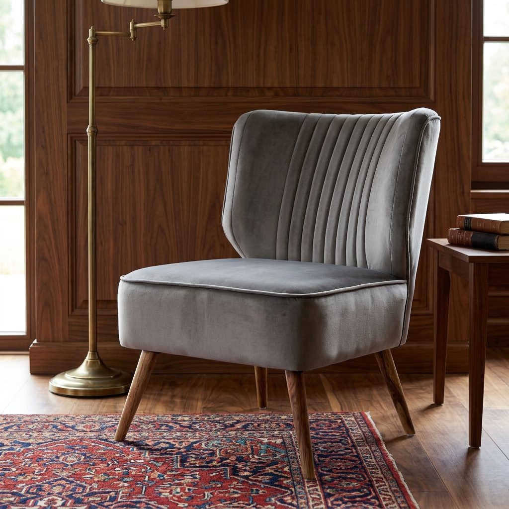 Grey armless accent chair styled view