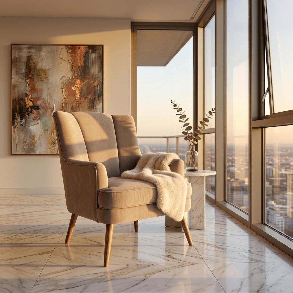 Beige Fabric Shell Back Accent Armchair in luxury interior