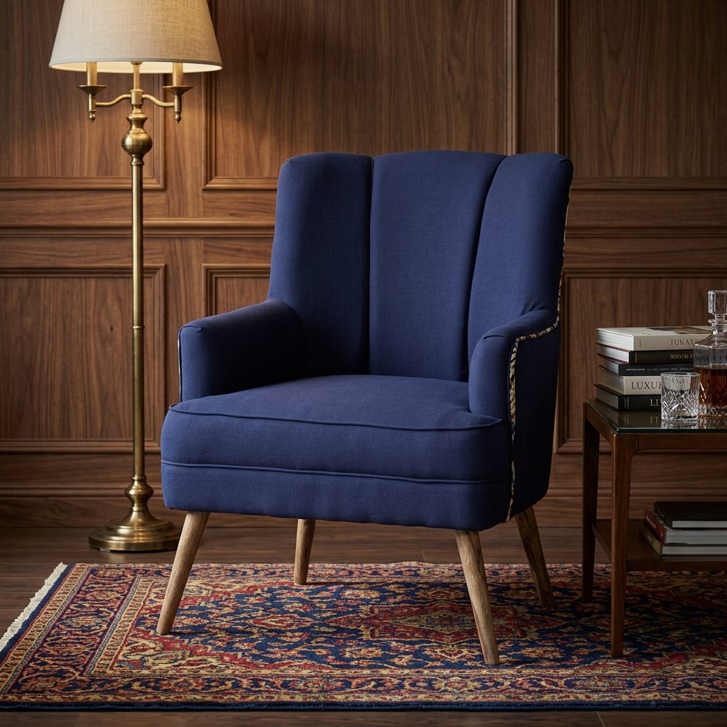 Navy blue shell back armchair styled view