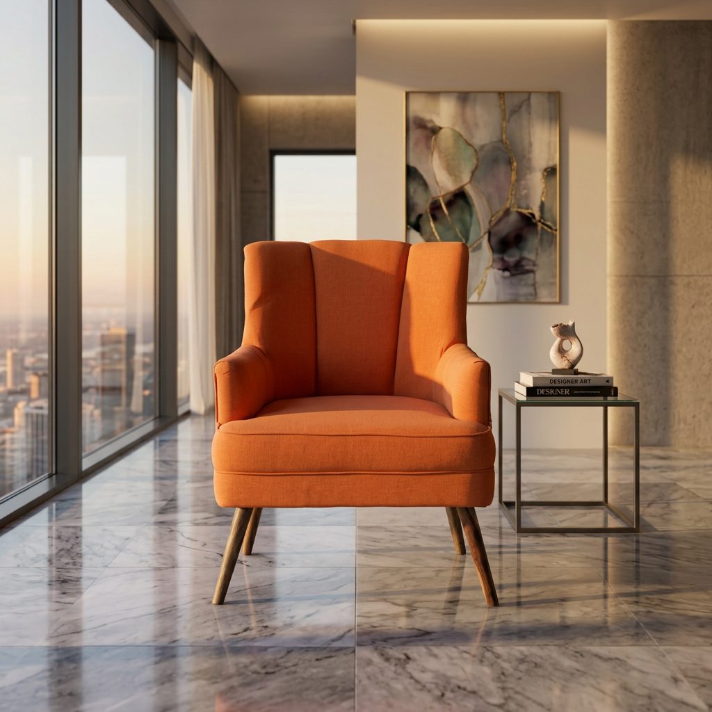 Orange Fabric Shell Back Accent Armchair in luxury interior
