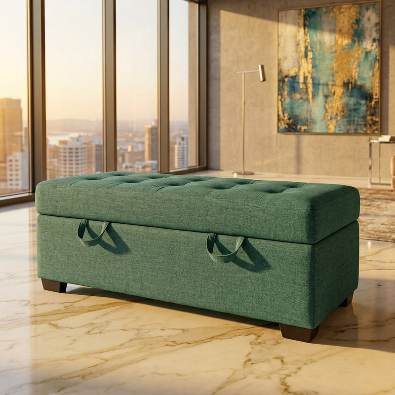 Teal Green Tufted Storage Ottoman Bench in luxury interior