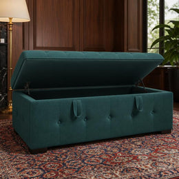 Teal green storage ottoman with lid open