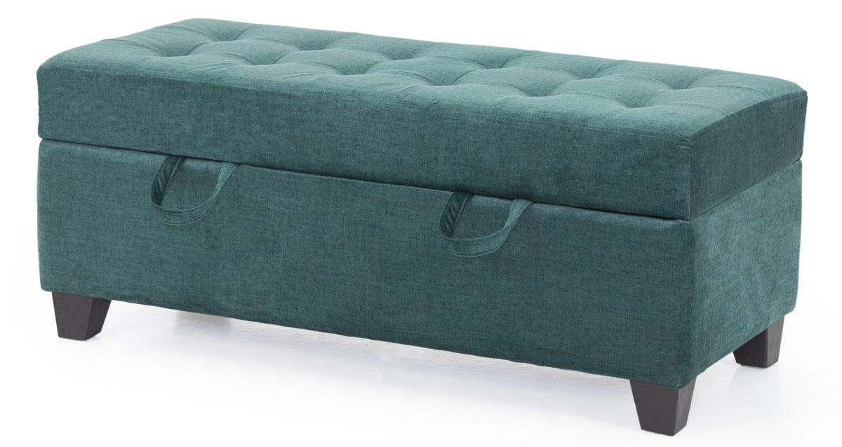 Teal green storage ottoman angled view