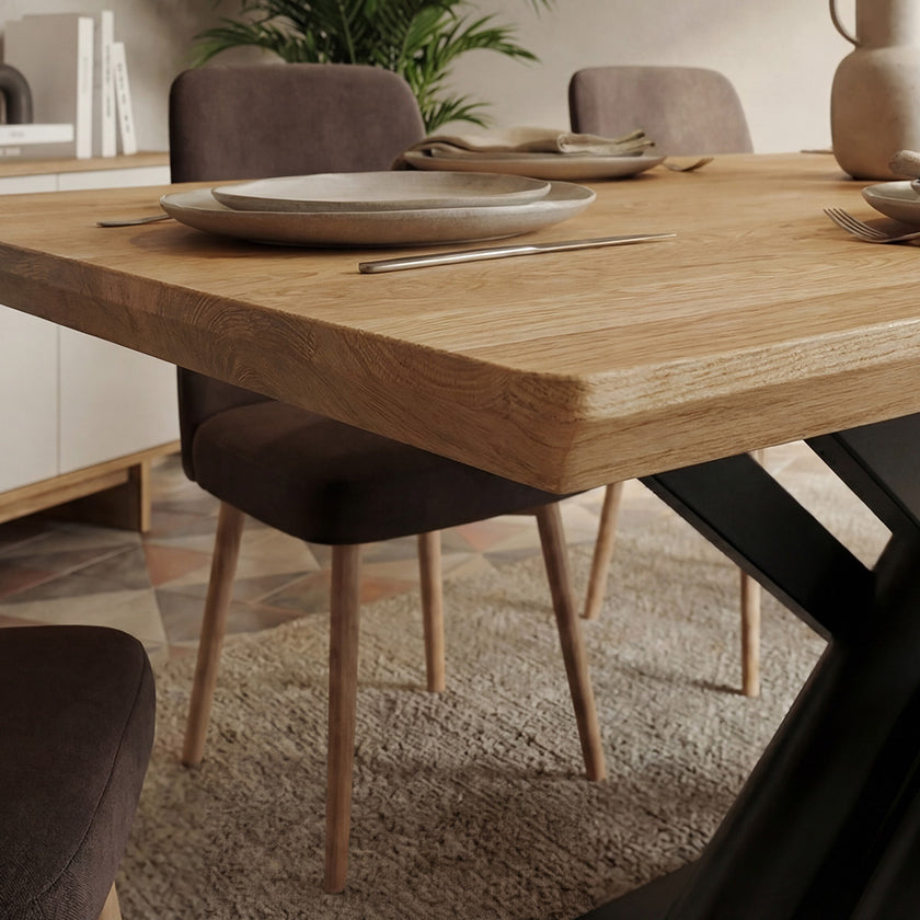 Premium Solid Wood Dining Table with Sculpted Hook-Style Metal Base