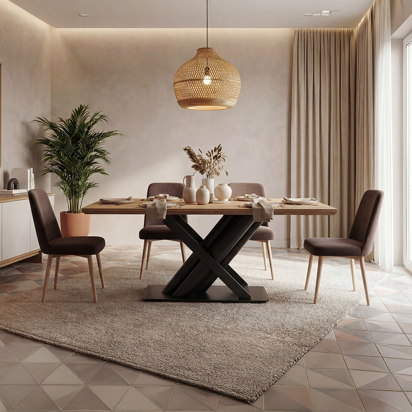Solid Wood Dining Table Hook Style Metal Base Design