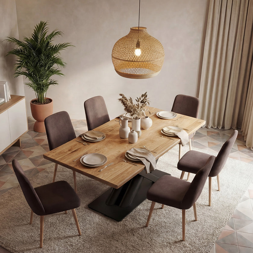 Premium Solid Wood Dining Table with Sculpted Hook-Style Metal Base