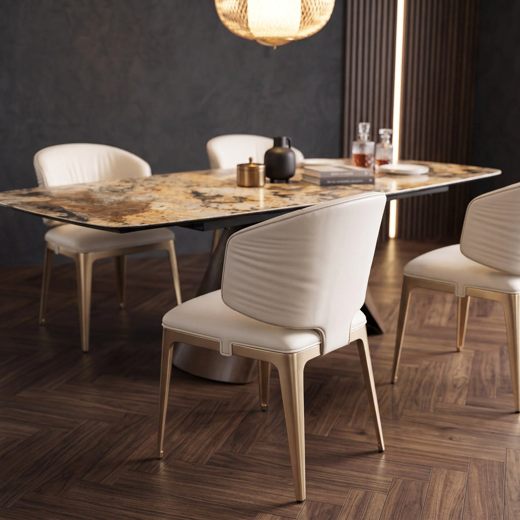 Rear view of the curved backrest of the cream leather dining chair