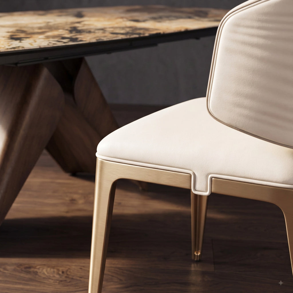 Close-up detail of the seat piping and champagne gold leg joinery