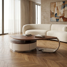 Walnut leaf sculptural coffee table in a luxury living room
