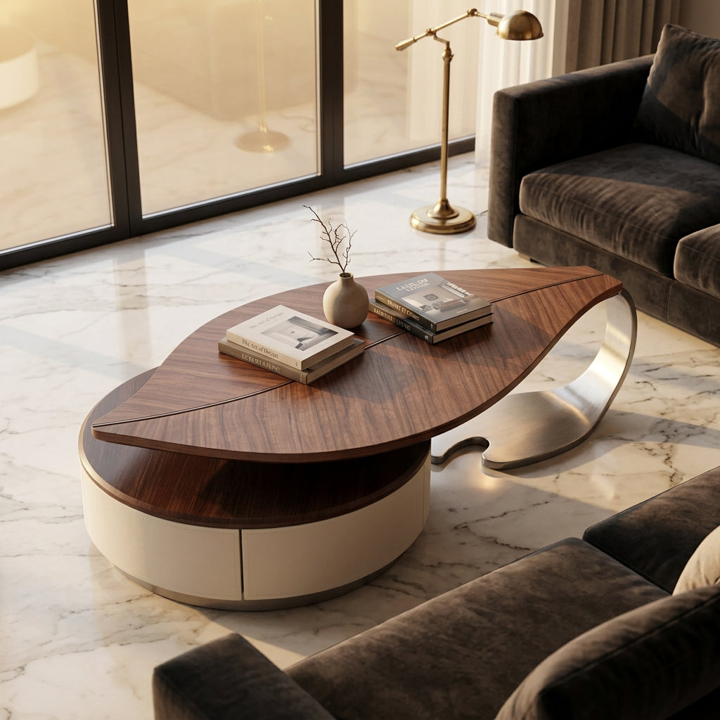 Top view of leaf-shaped walnut coffee table top styled with books