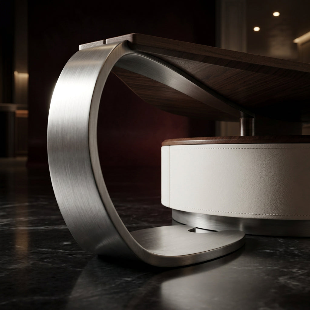 Close-up of brushed steel leg and stitched white leather drum base