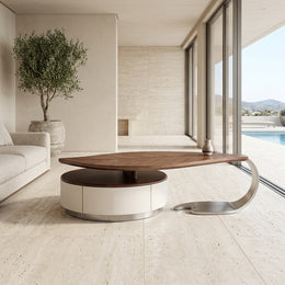 Side profile of the brushed steel cantilever coffee table leg