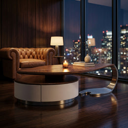 Walnut leaf coffee table in an evening penthouse lounge