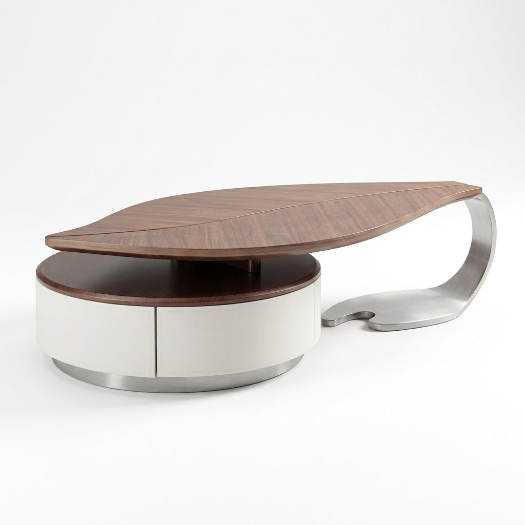 Walnut leaf coffee table on white background studio view