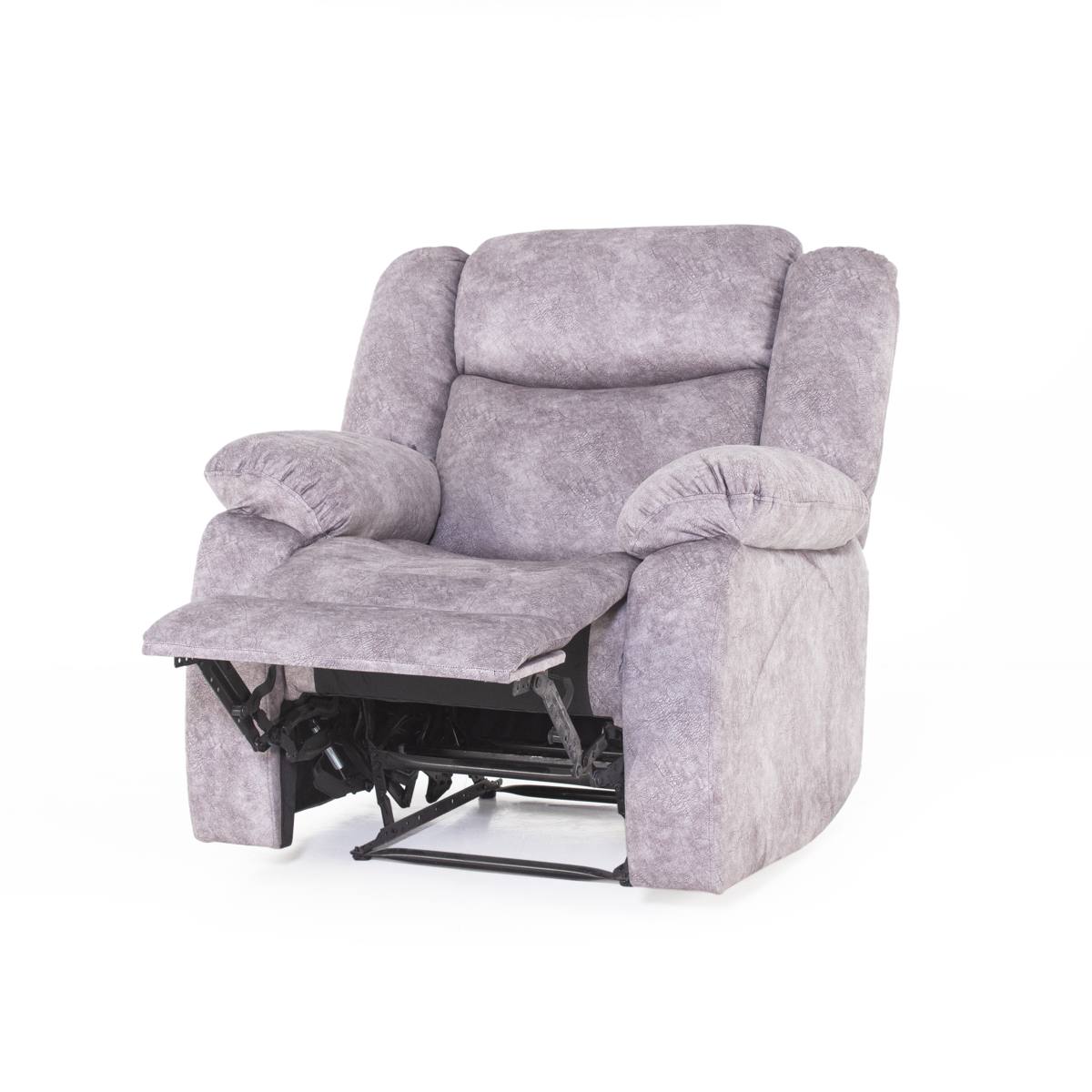 Light grey recliner armchair fully reclined with footrest extended