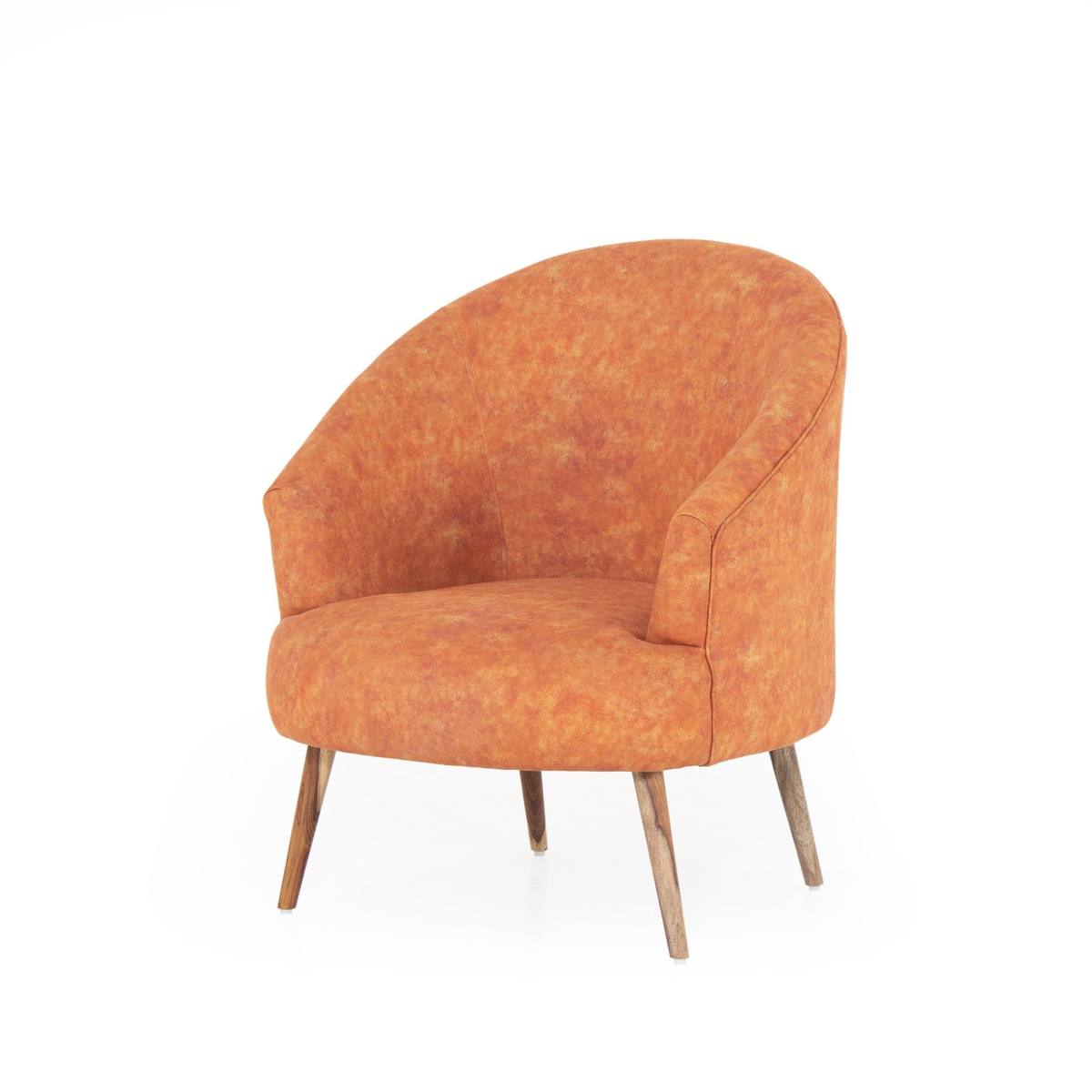 Rust orange barrel accent chair angled studio shot