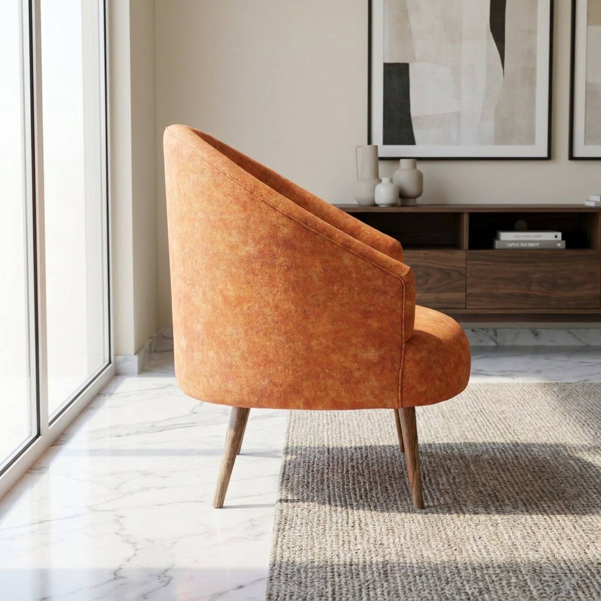 Rust orange accent chair in a bedroom corner