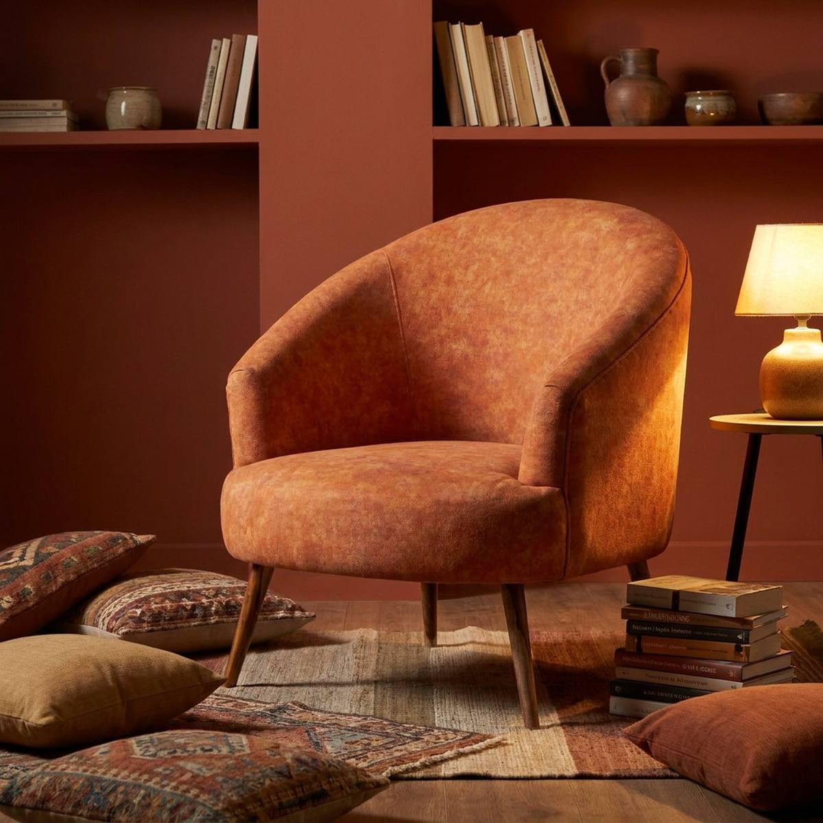 Rust orange accent chair with side table and plant