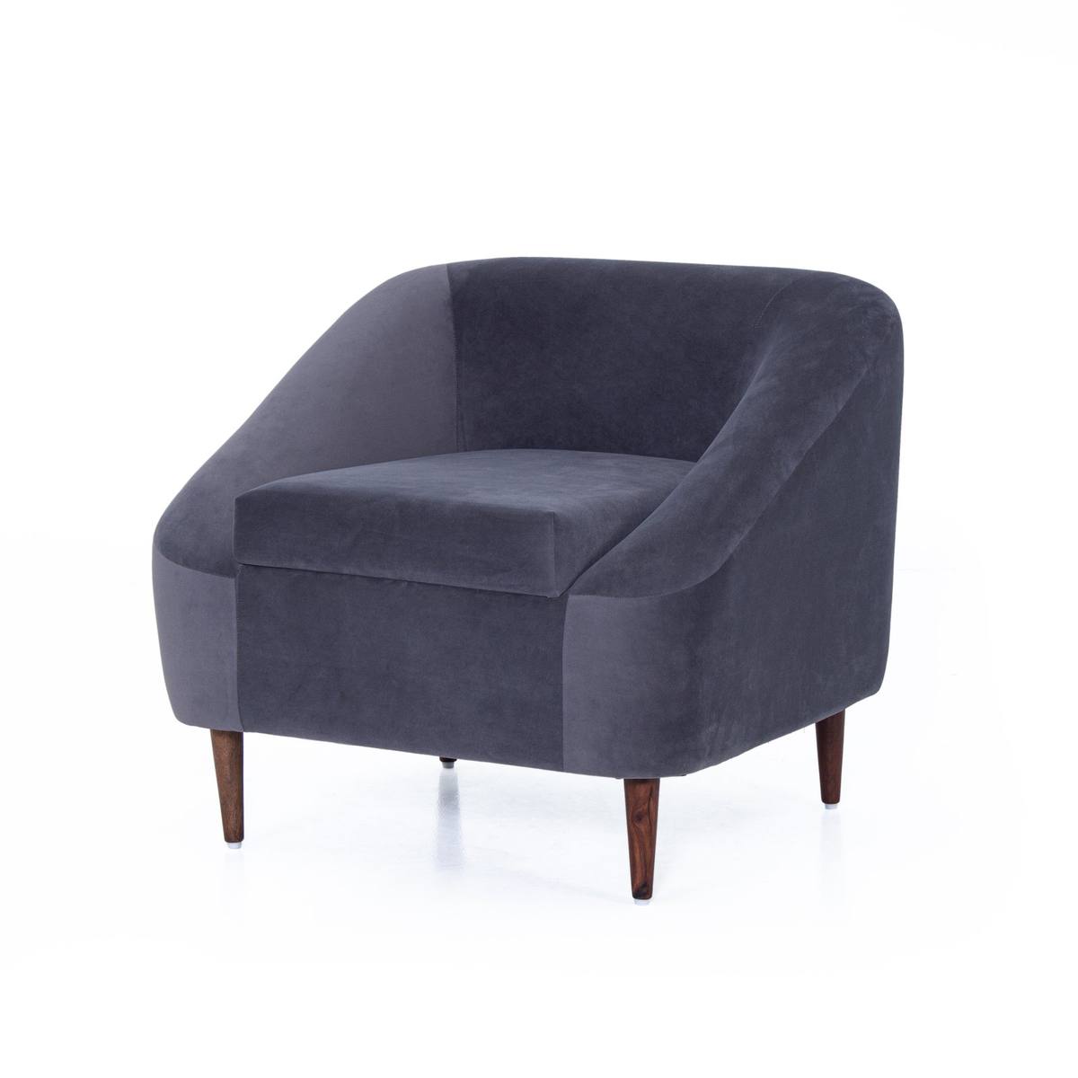 Charcoal grey velvet lounge chair angled studio shot