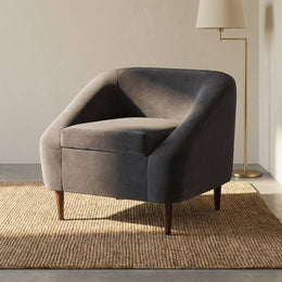 Charcoal velvet lounge chair with floor lamp