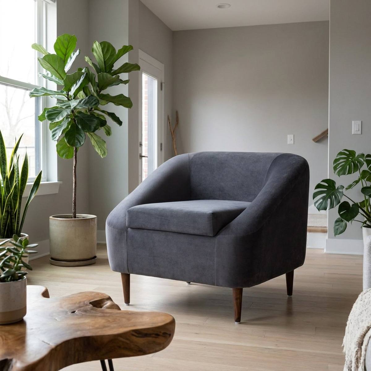 Charcoal velvet lounge chair near a window