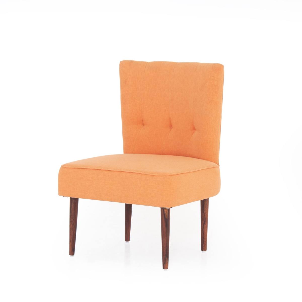 Orange tufted slipper chair angled studio shot