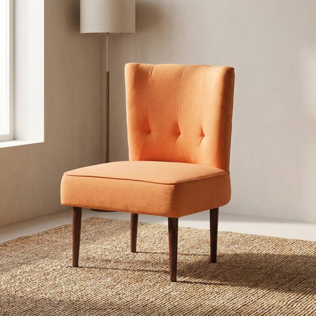 Orange slipper chair at a dressing table