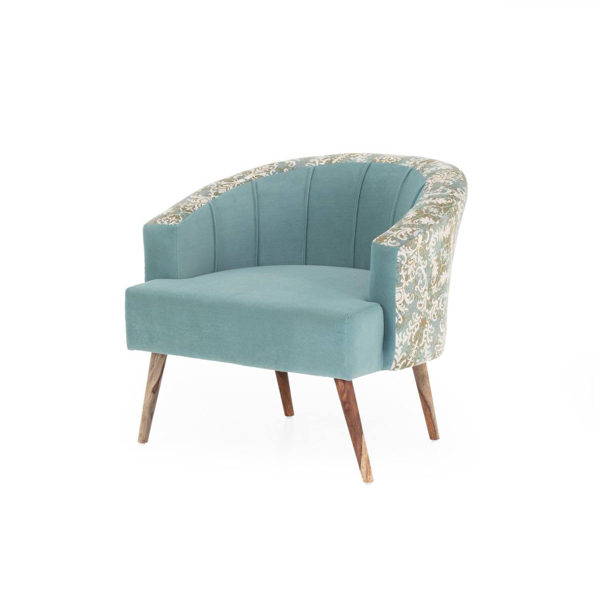 Teal velvet barrel accent chair angled studio shot