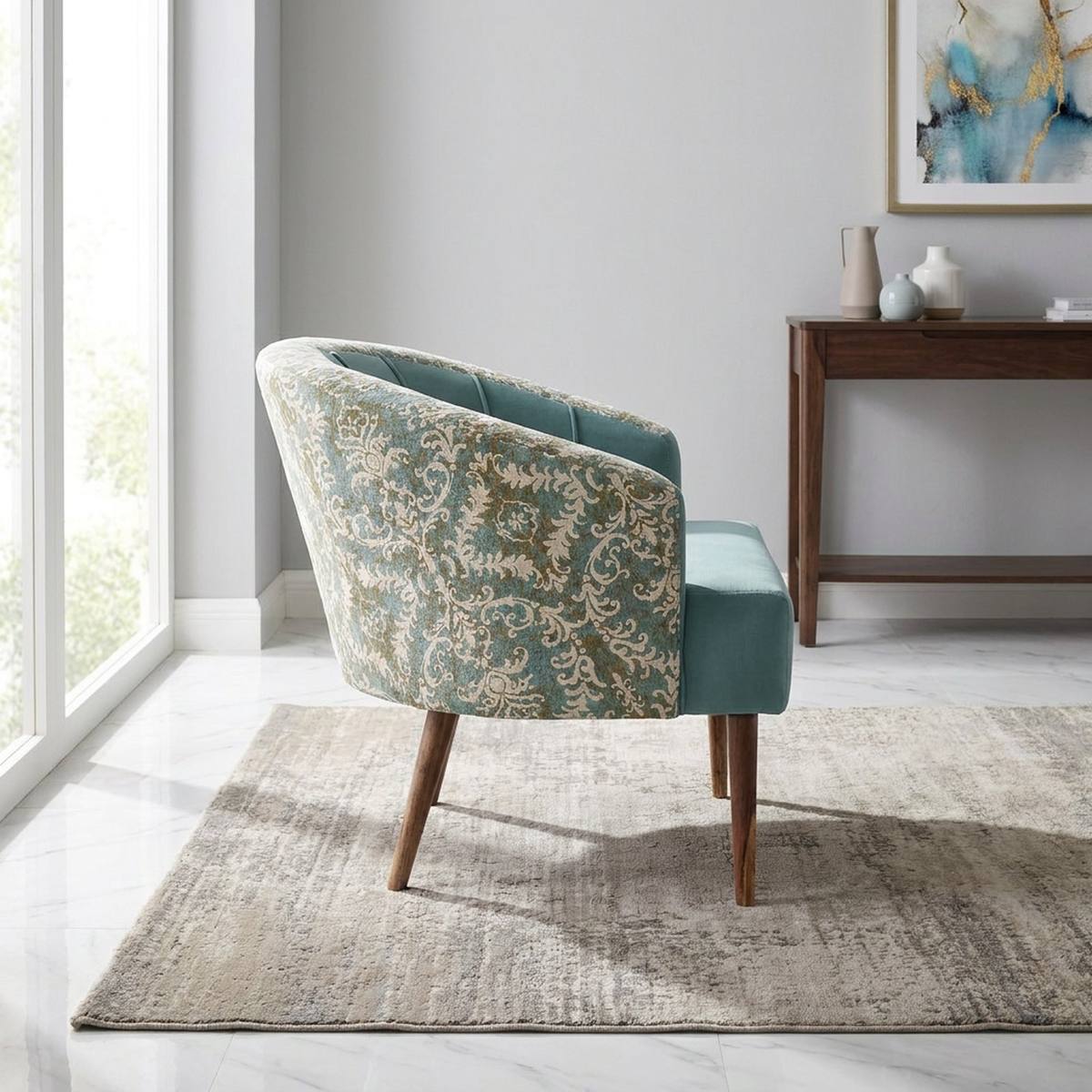 Teal accent chair in a reading nook
