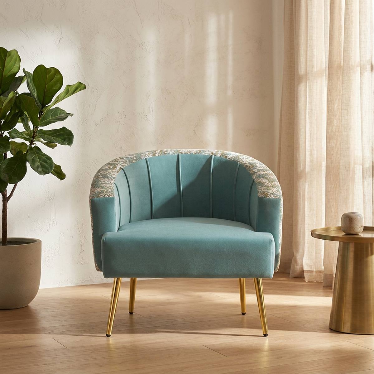 Golden beige velvet barrel accent chair in a living room