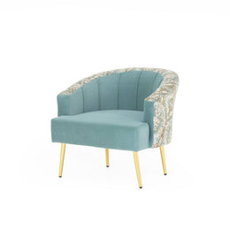 Golden beige velvet accent chair angled studio shot