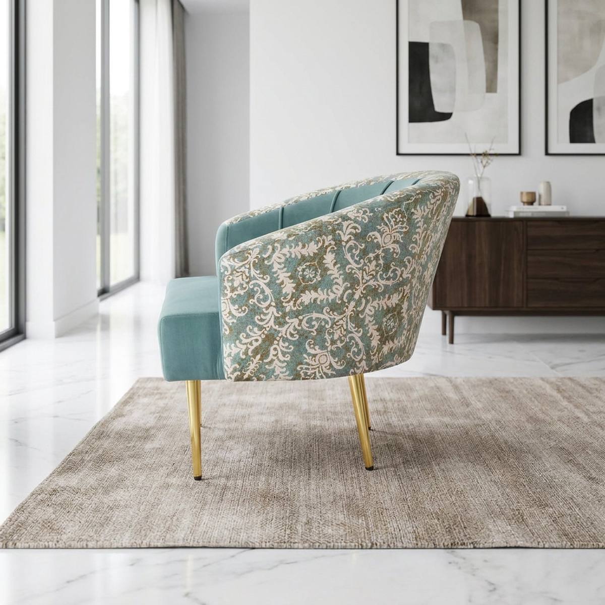 Golden beige accent chair side view
