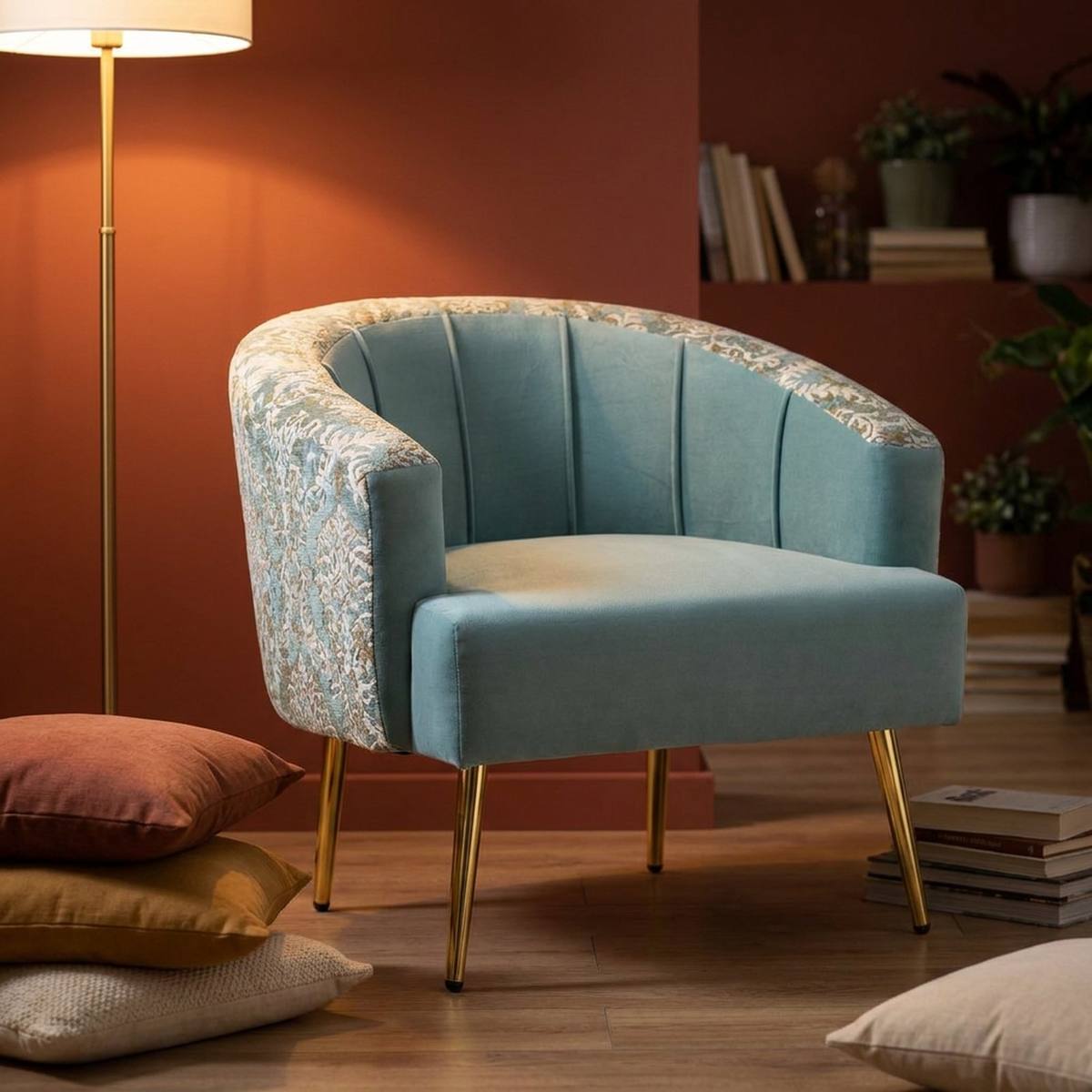 Golden beige accent chair back with printed fabric