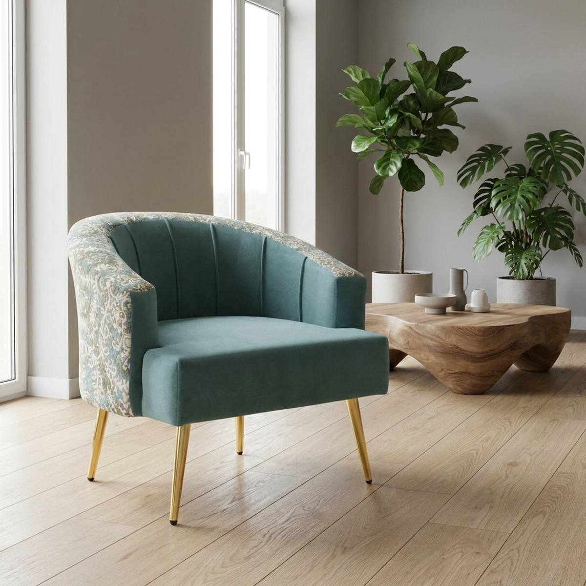 Golden beige accent chair detail view