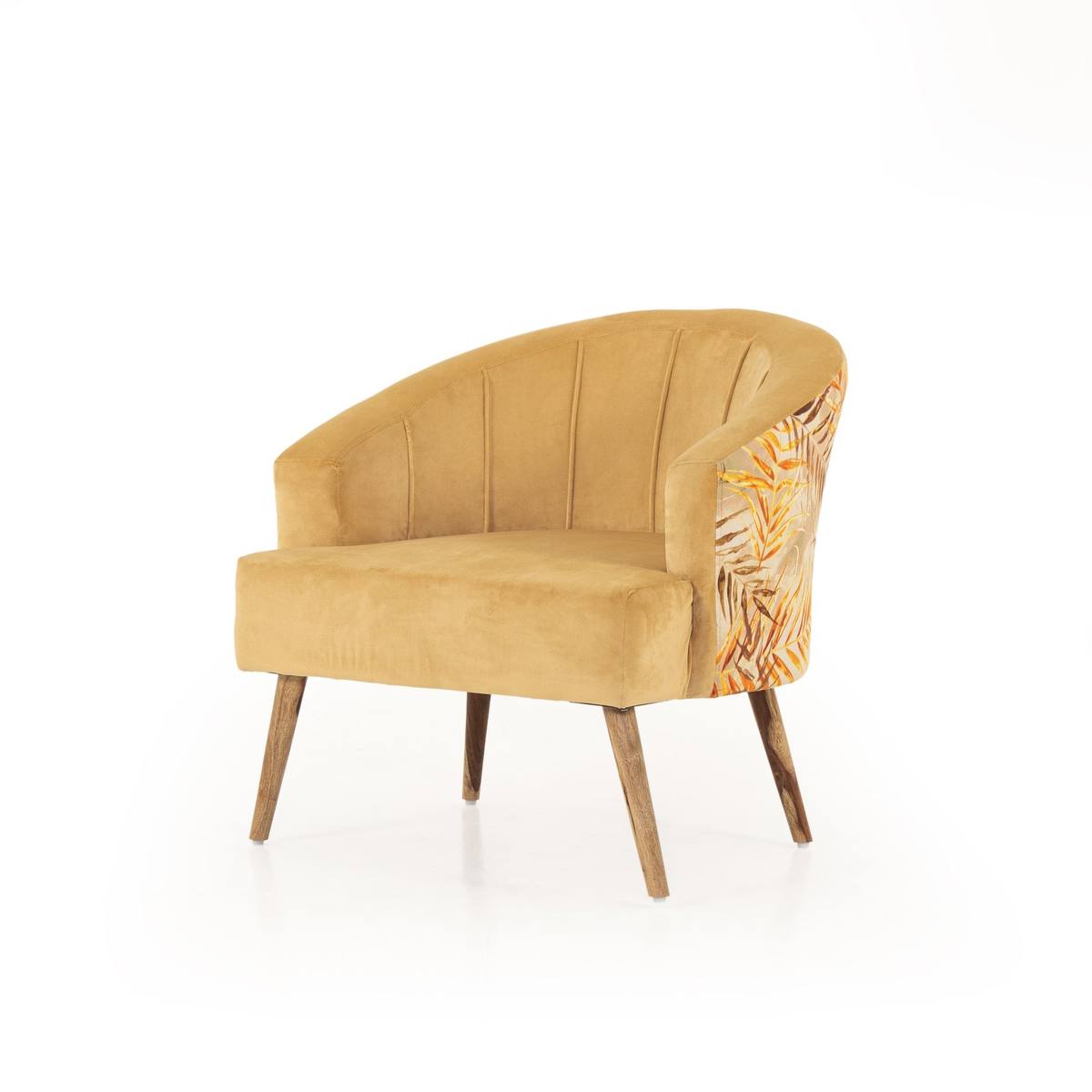 Mustard yellow velvet accent chair angled studio shot