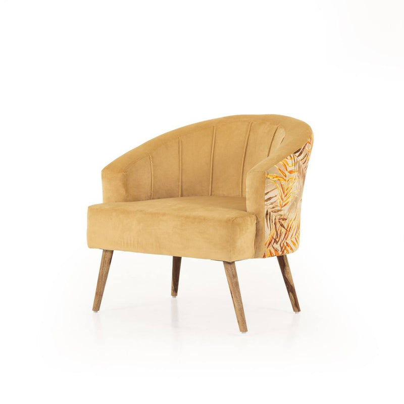 Mustard yellow velvet accent chair angled studio shot