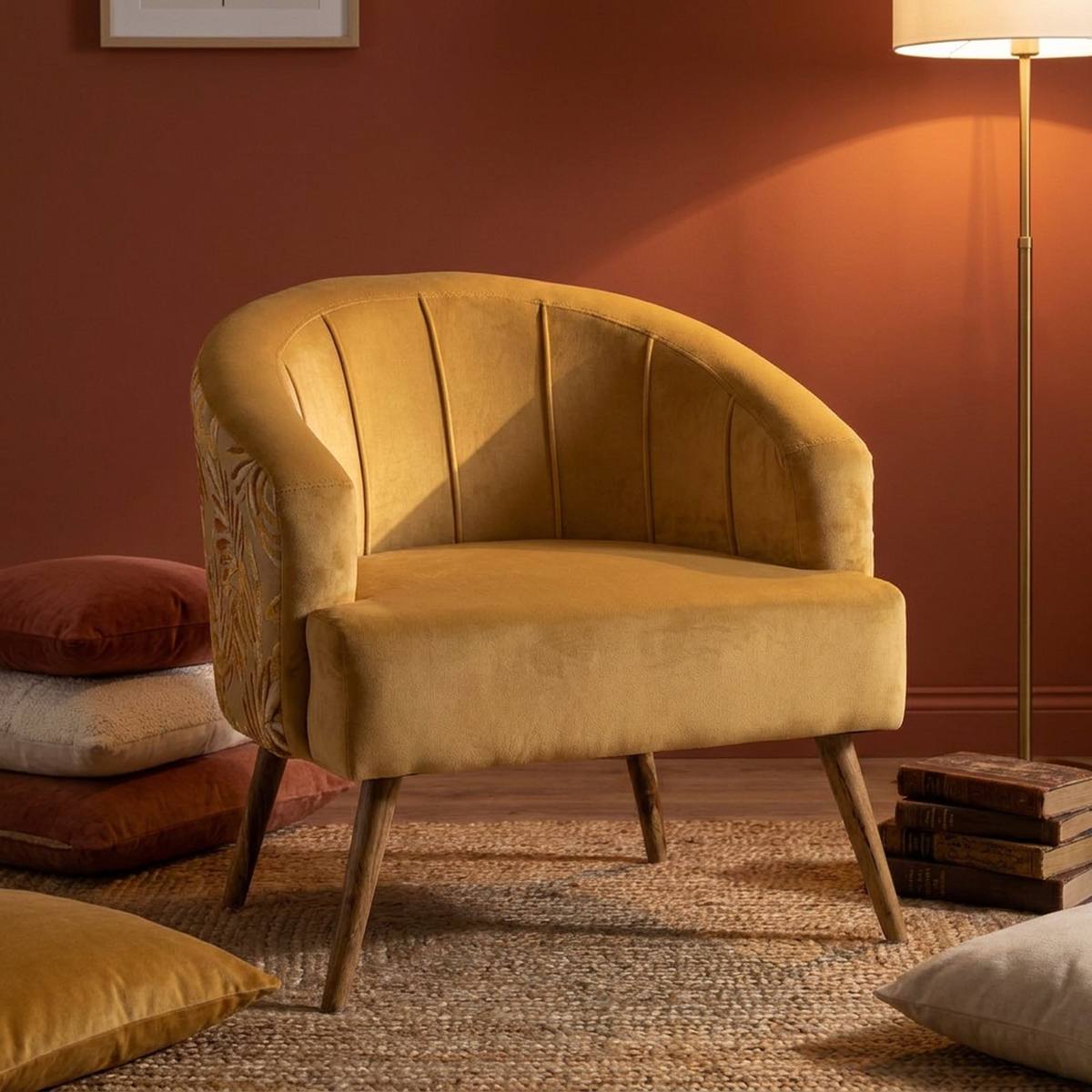 Mustard yellow accent chair back with printed fabric