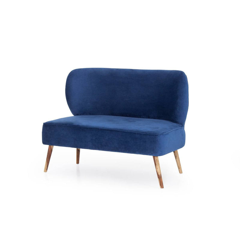Navy blue velvet settee angled studio shot