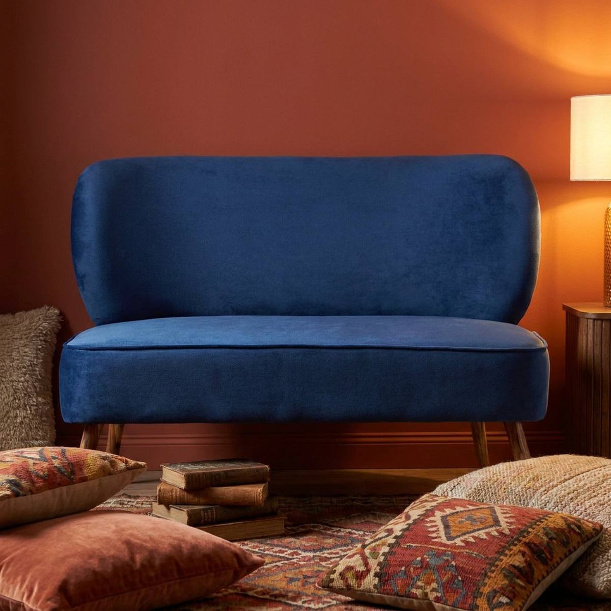 Navy velvet settee with cushions and side table